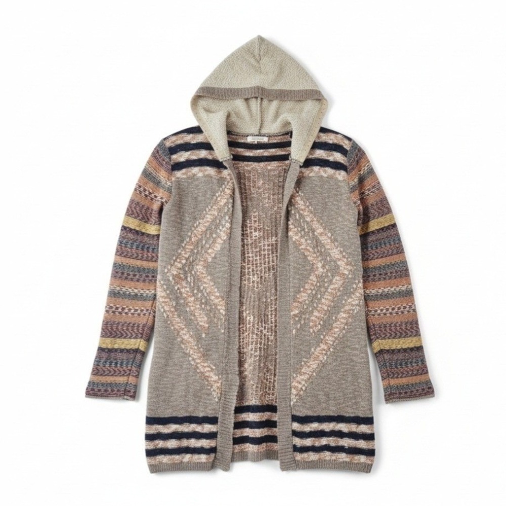 BKE Buckle Geometric Fringe Large Hooded Cardigan‎ Sweater